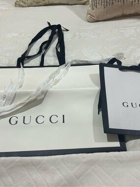Gucci White Tote Bags with Black Trim and Handles and Gucci White Ribbon